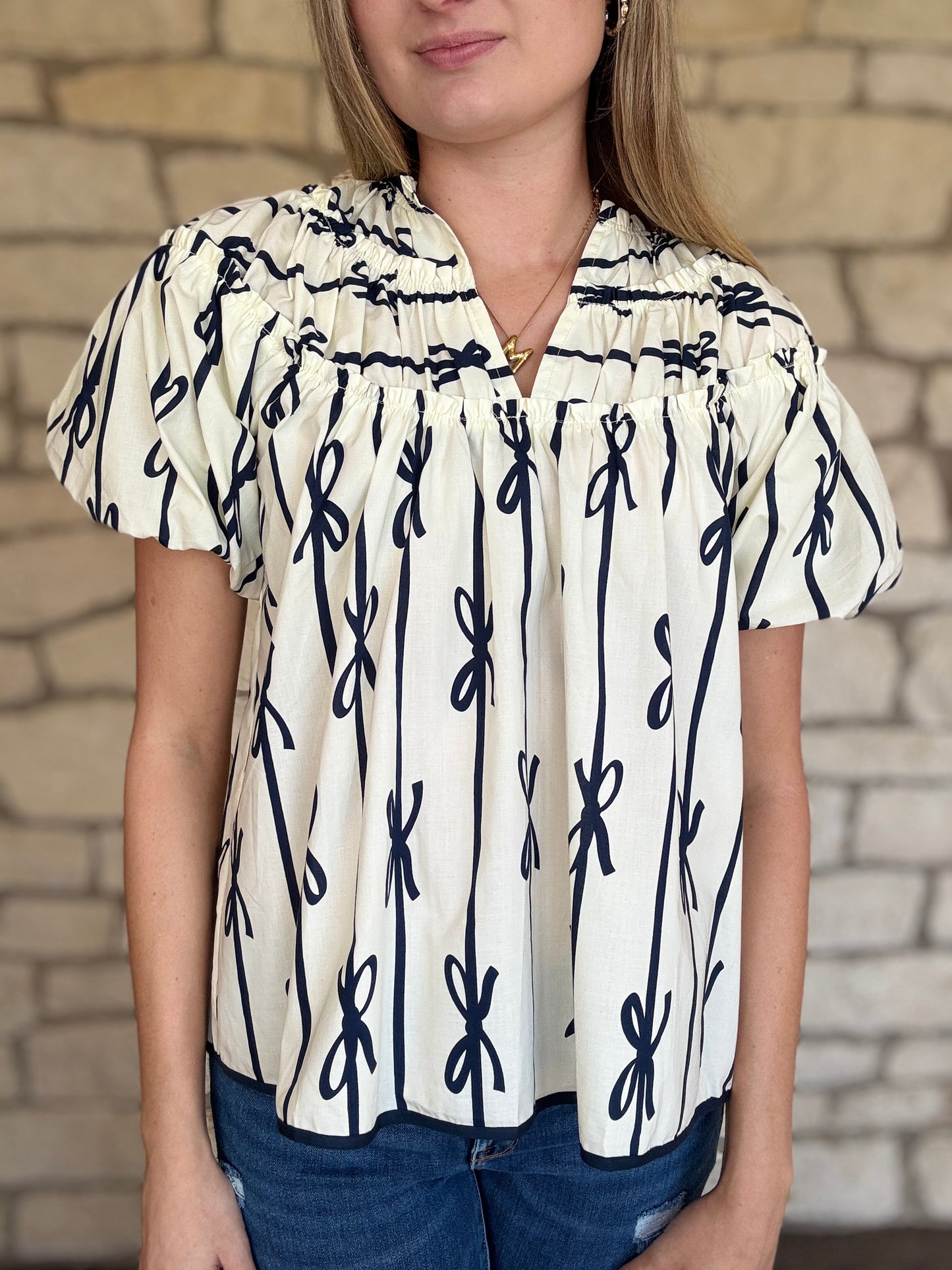 White and Navy Bow Top