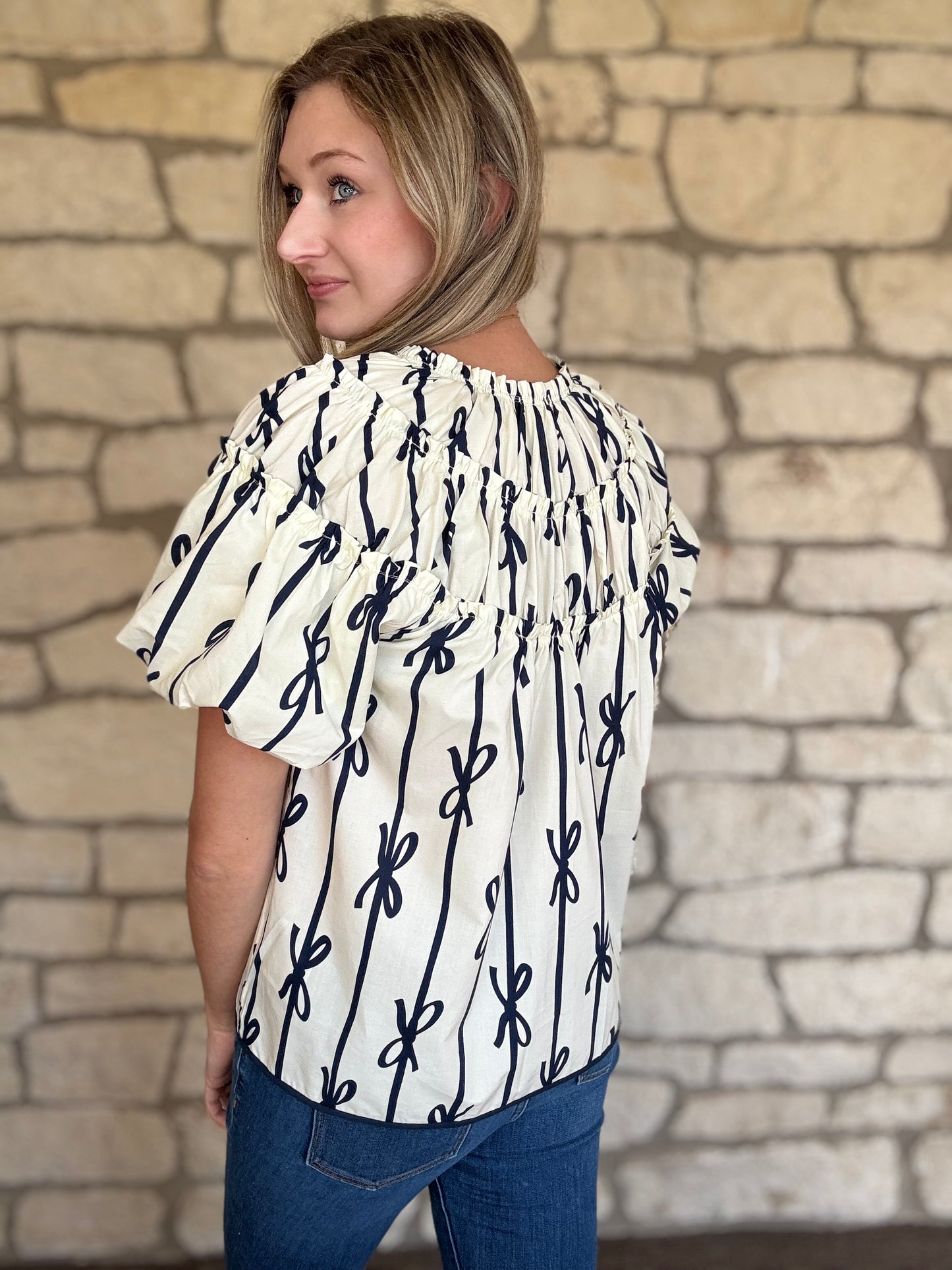 White and Navy Bow Top
