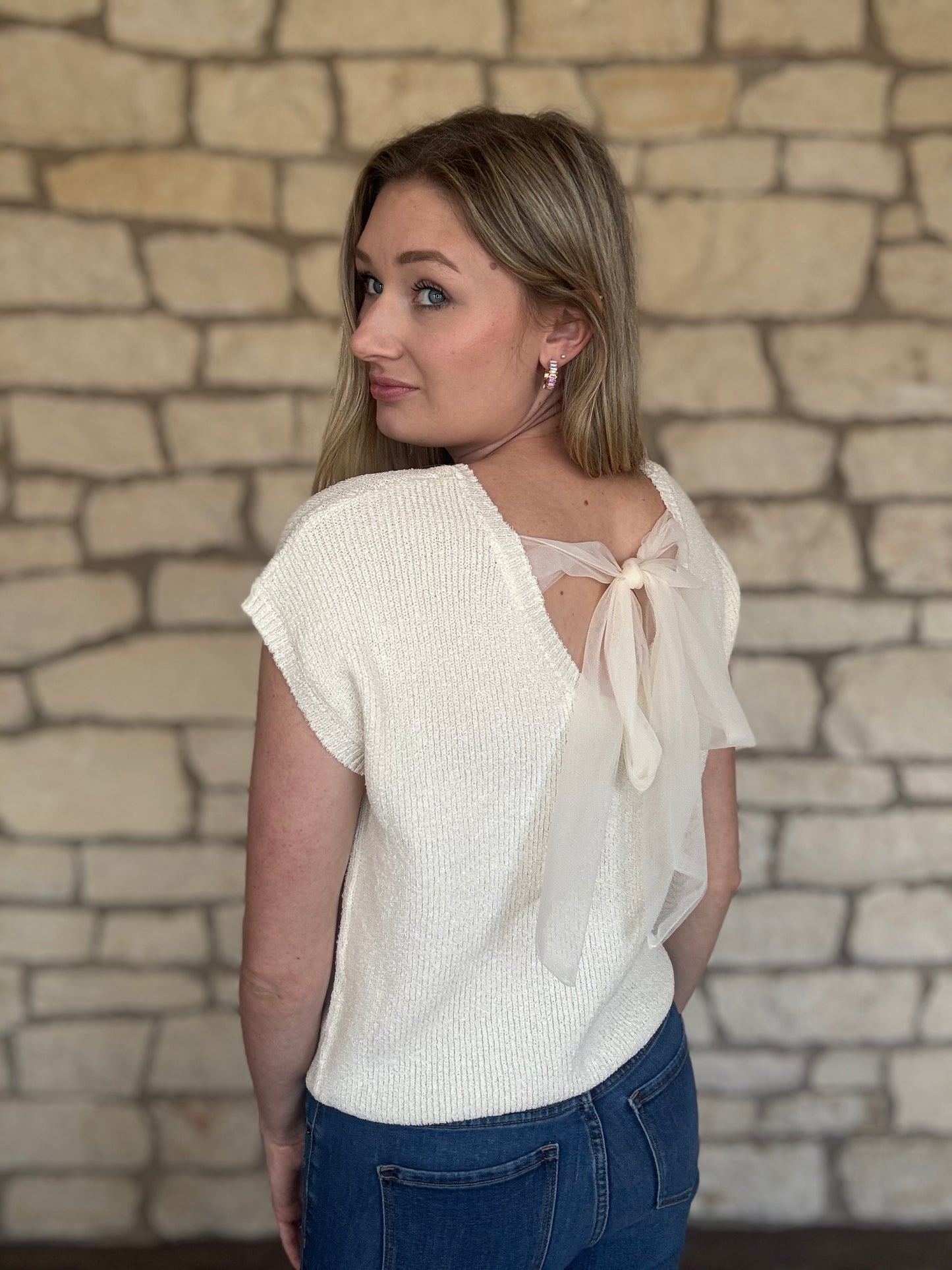 Tulle bow Sweater Shirt- Cream