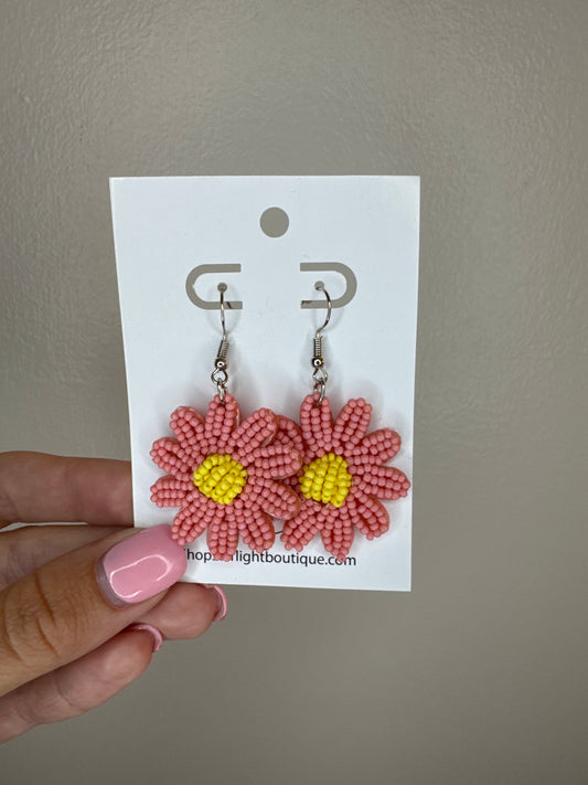 Beaded Pink Flower Earrings