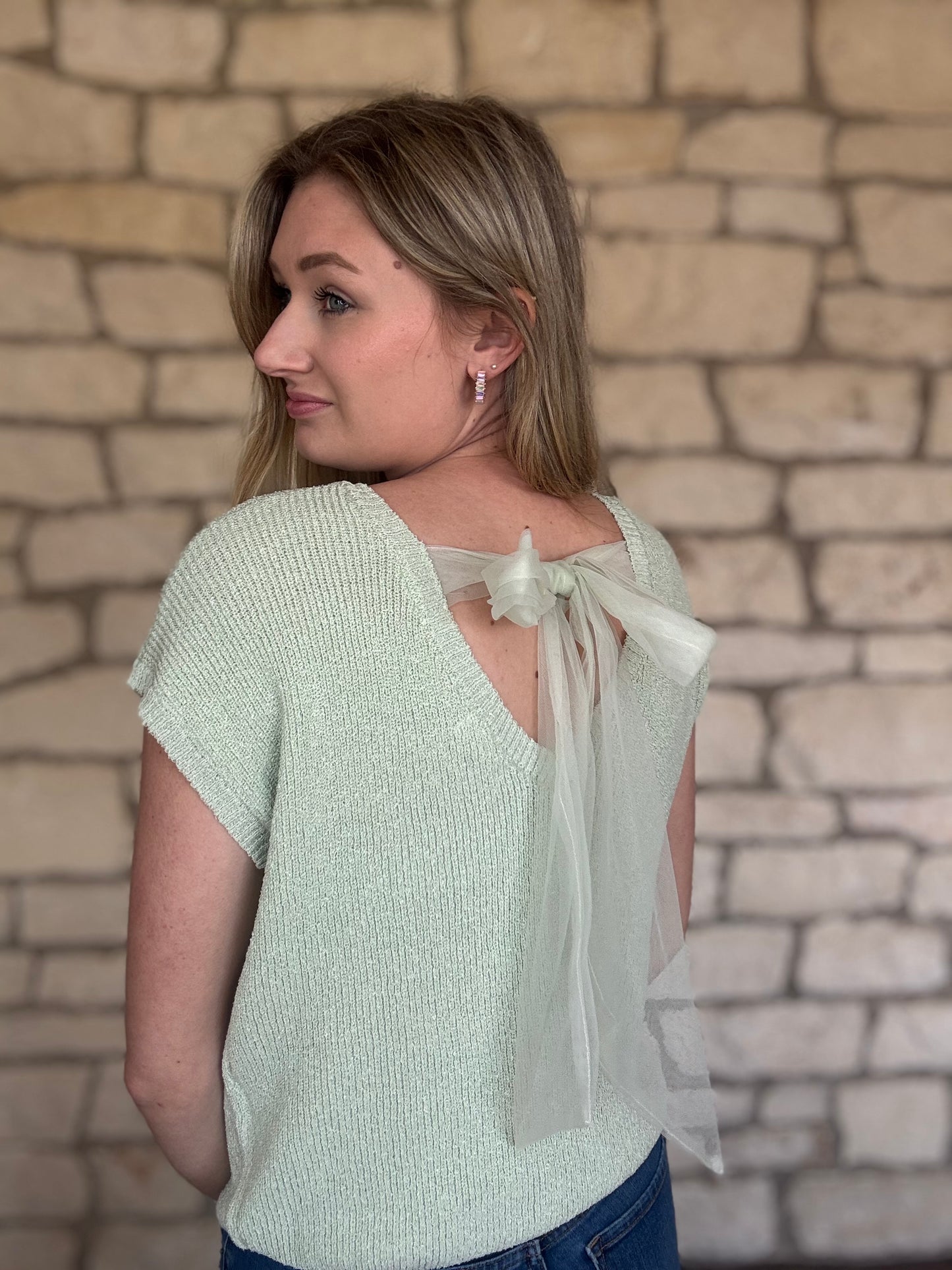 Tulle Bow Sweater Shirt- Sage