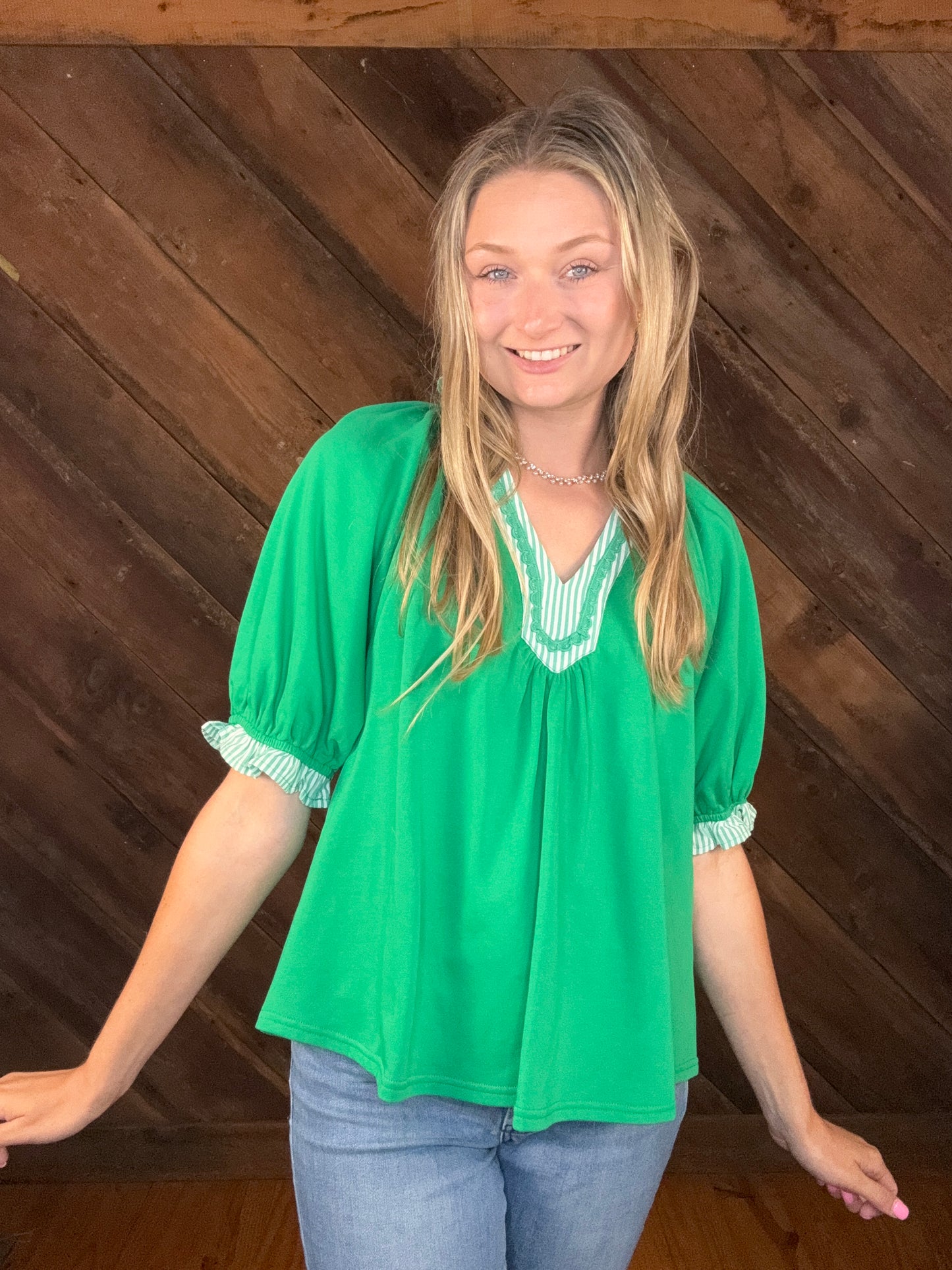 Makayla V Neck Puff Sleeve Green Top