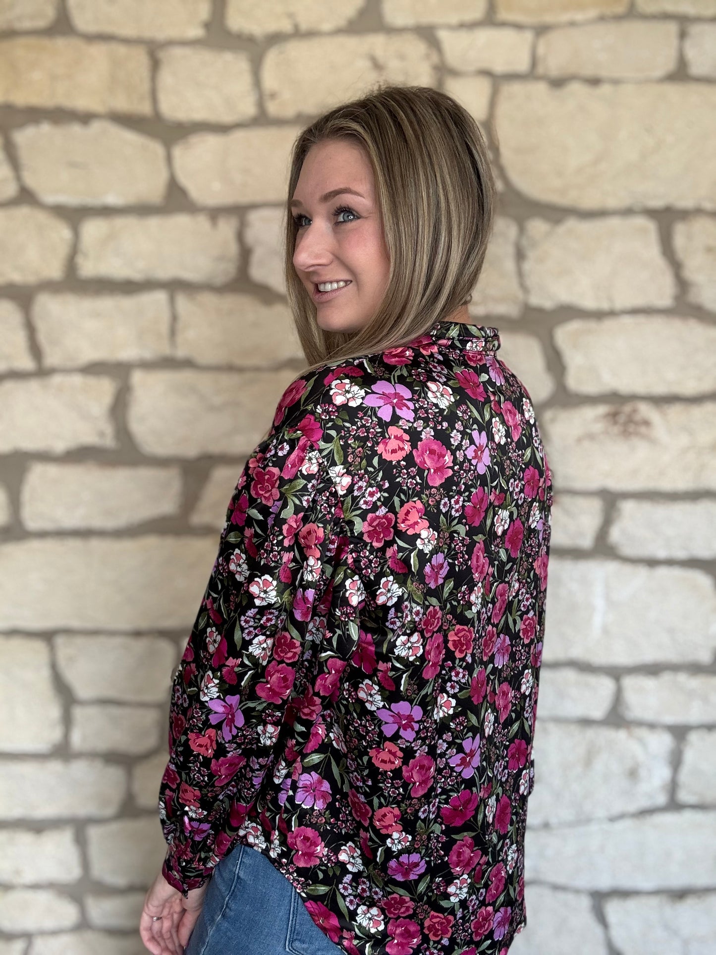 Ali Floral Long Sleeve Satin Top
