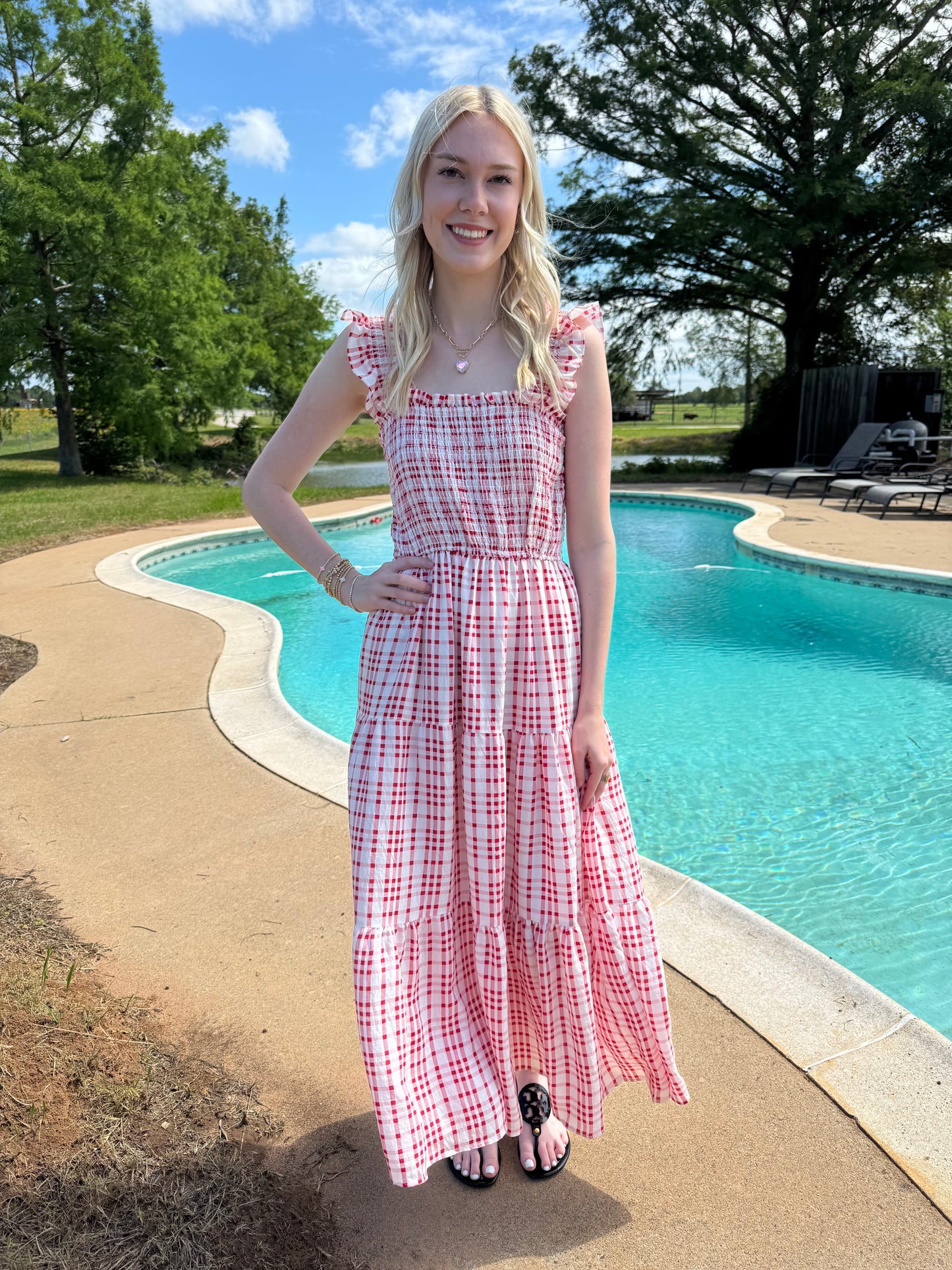 Firework Midi Red Smocked Dress
