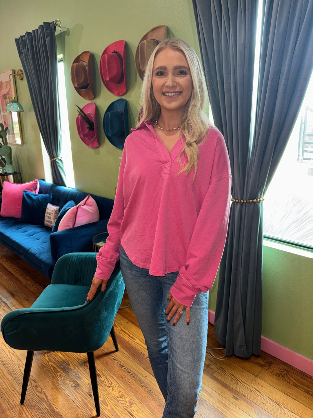 Kara Pink Collared Split Neck Top