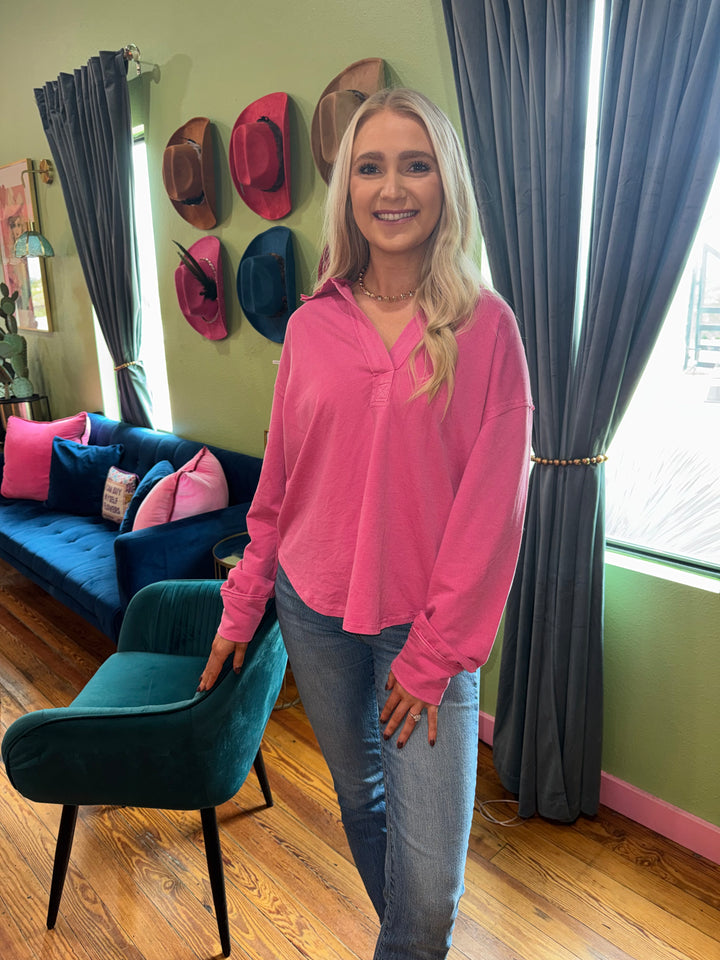Kara Pink Collared Split Neck Top