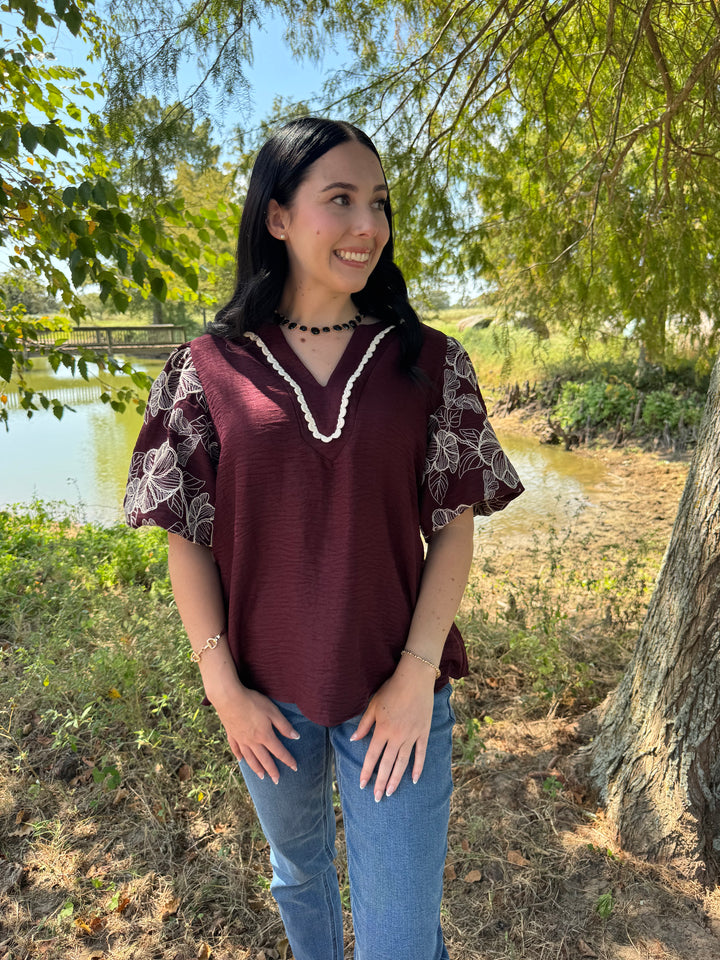 Cora Wine Puff Sleeve Top