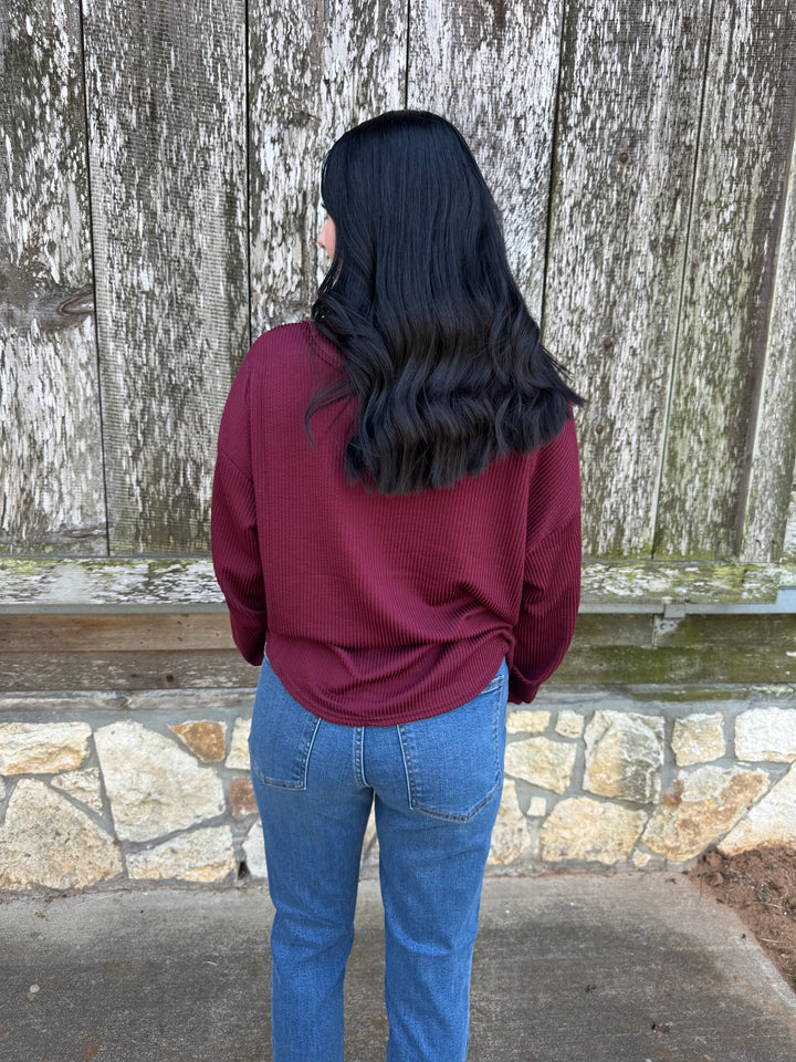 Kelsey Maroon Ribbed Long Sleeve Top
