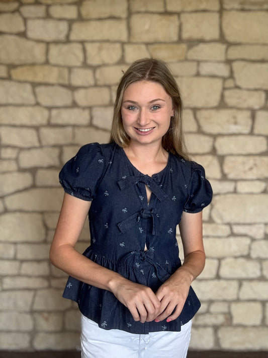 denim top with bows and tie front 