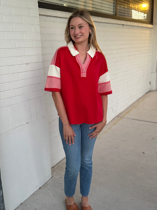 Gail Red Collared Striped Top