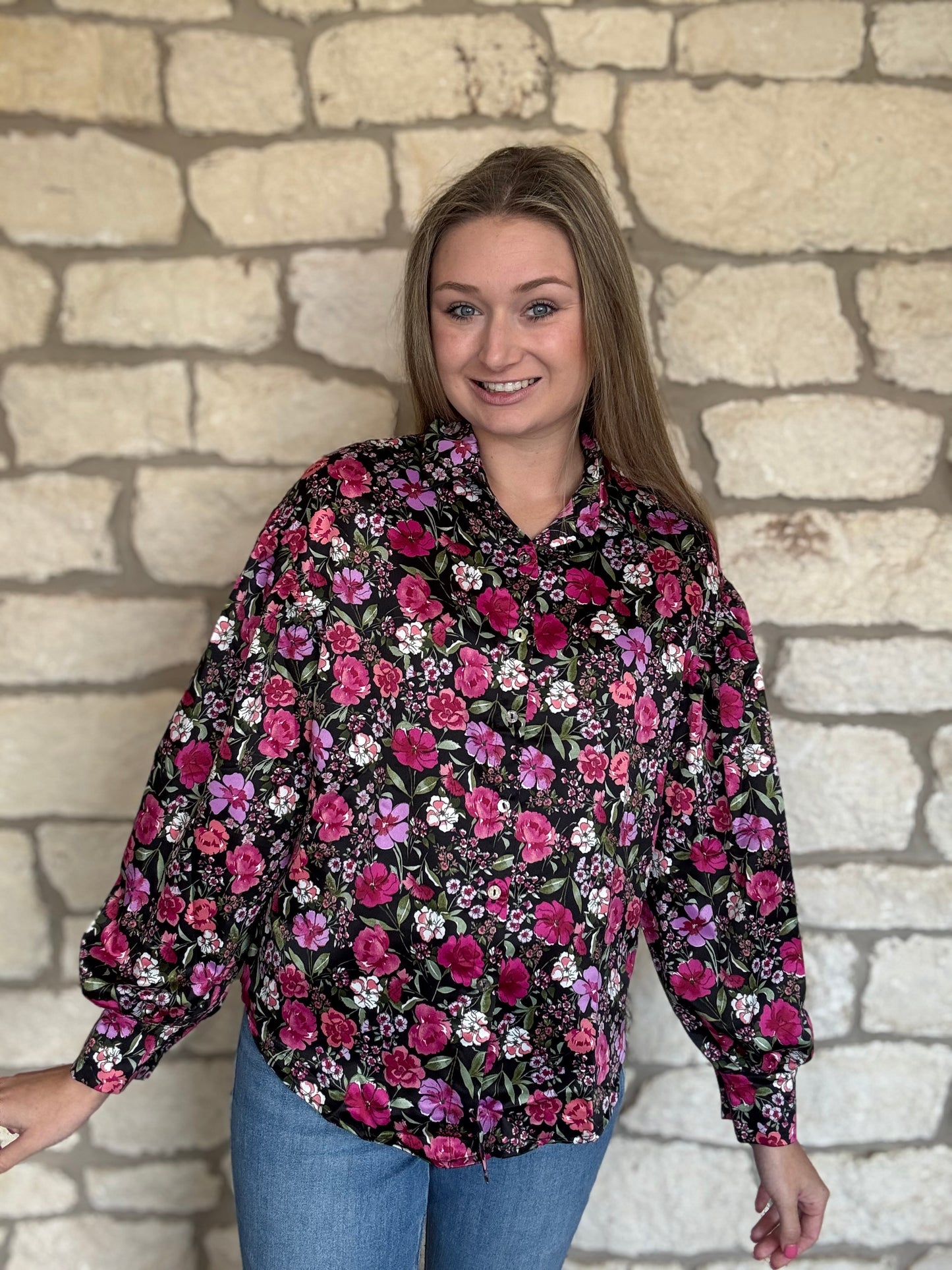 Ali Floral Long Sleeve Satin Top