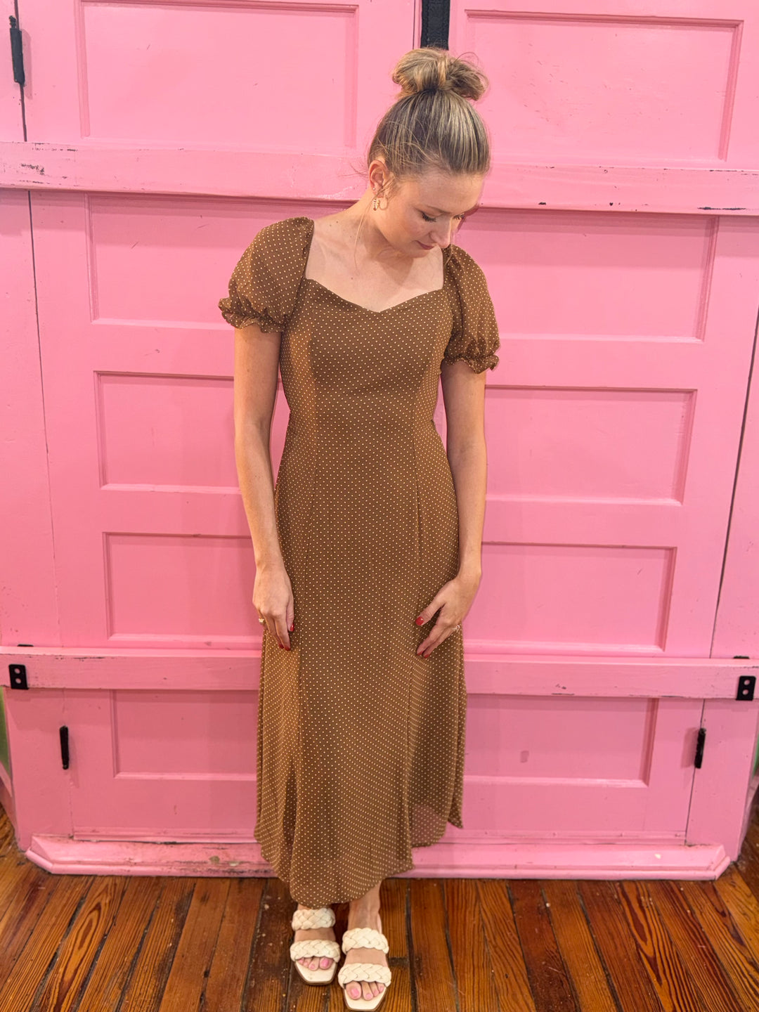 Nina Brown Polka Dot Midi Dresss