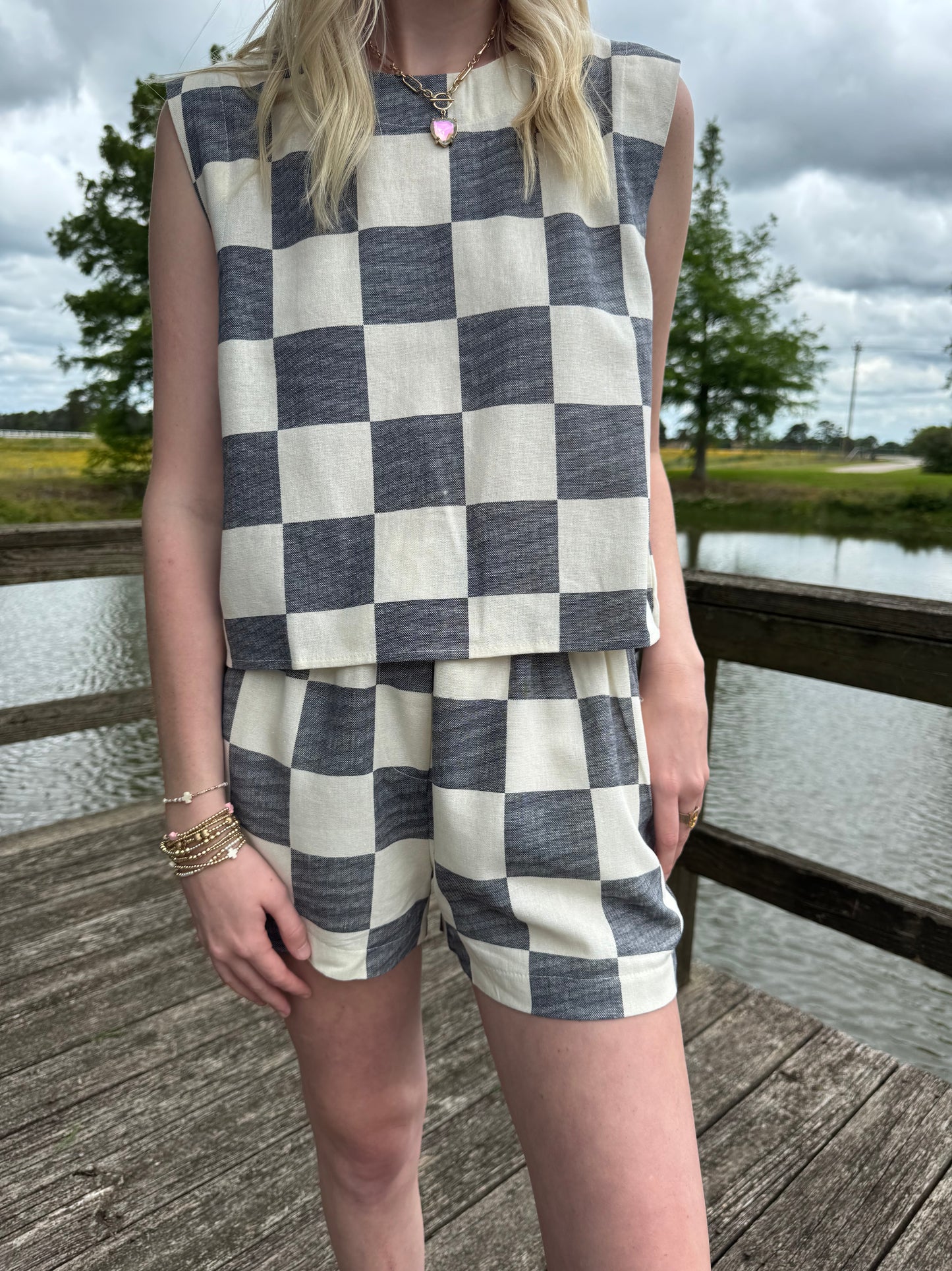 Rosa Navy Checkered Short Set