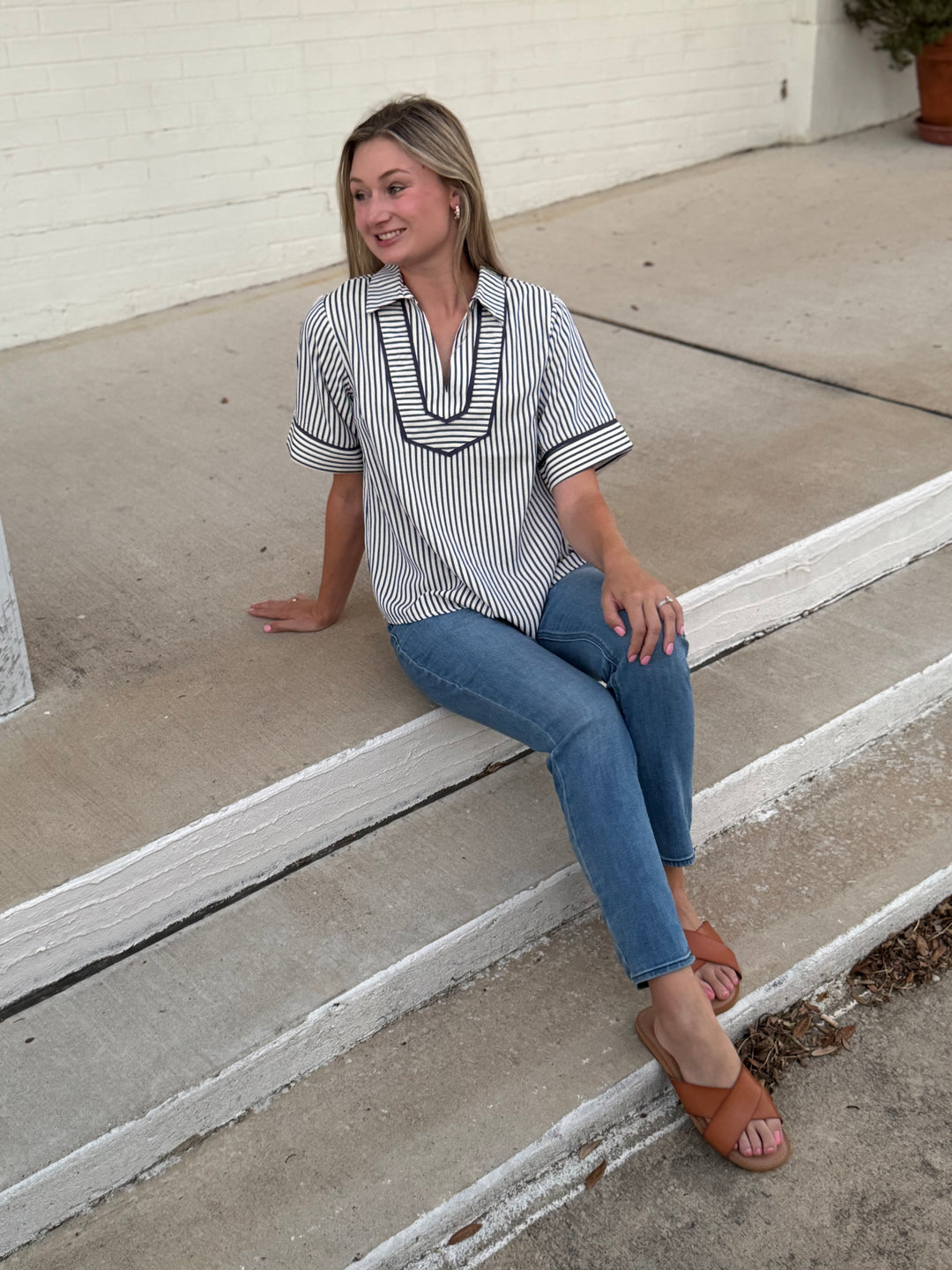 Lainey Blue Collared Stripe Top