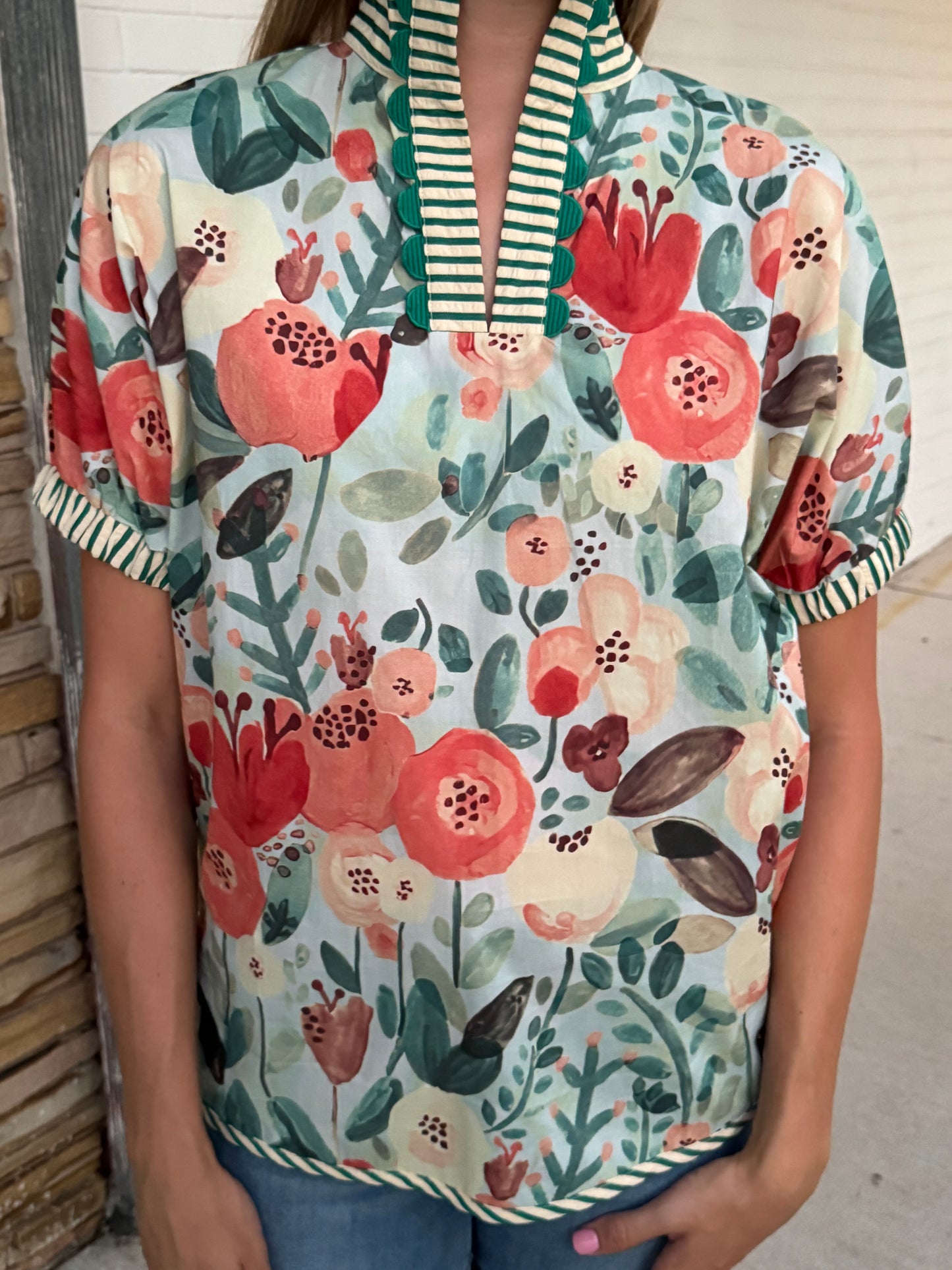 In Bloom Blue Collar Cotton Top