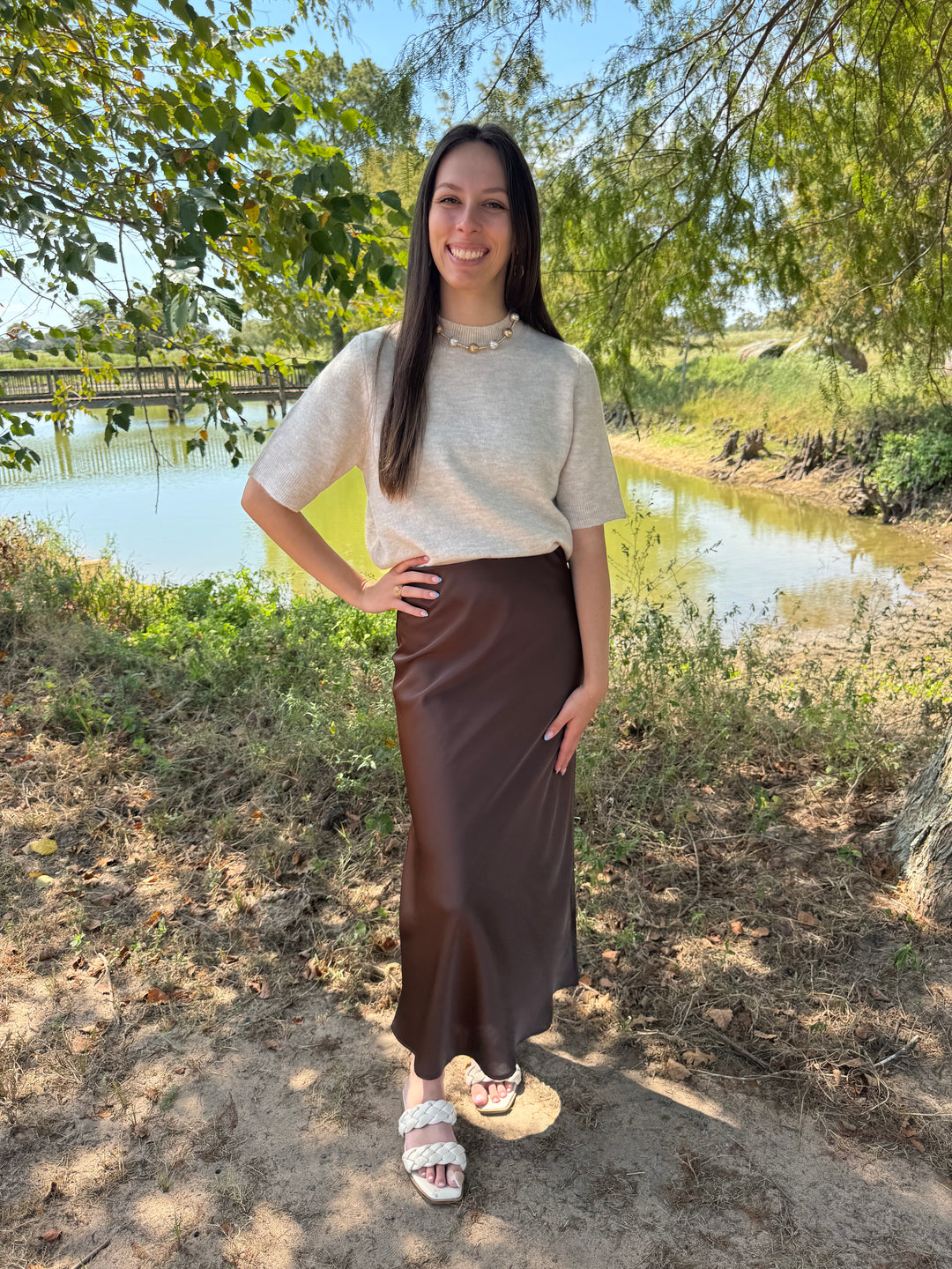 Elsie Brown Satin Midi Skirt