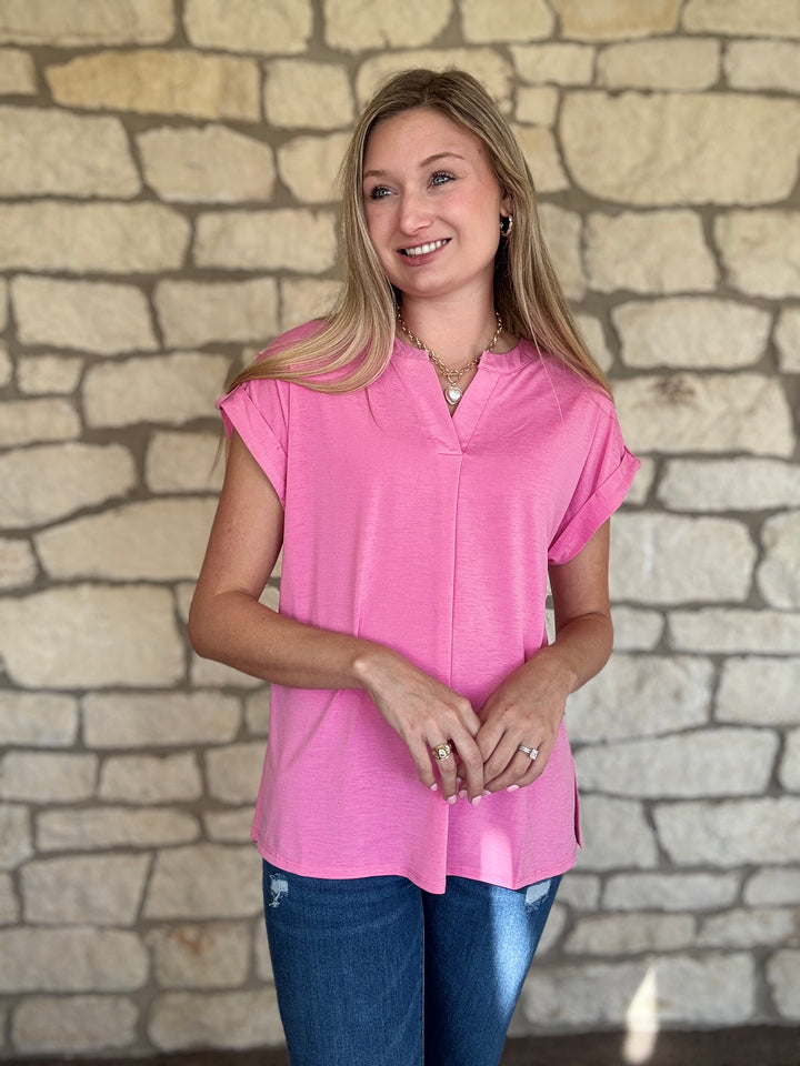 Bubble Gum Split Neck Top