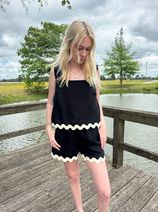 Ric Rac Sleeveless Short Set- Black