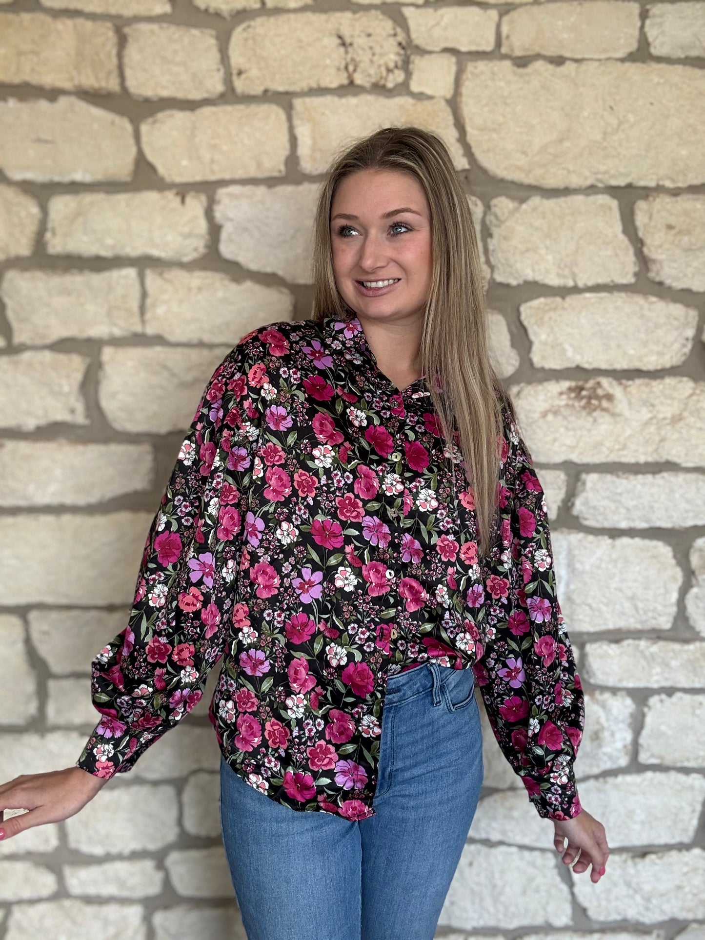 Ali Floral Long Sleeve Satin Top