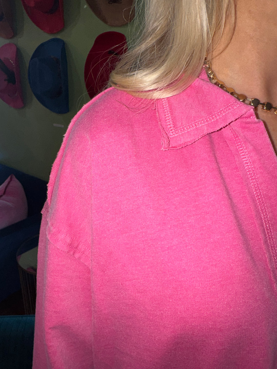 Kara Pink Collared Split Neck Top