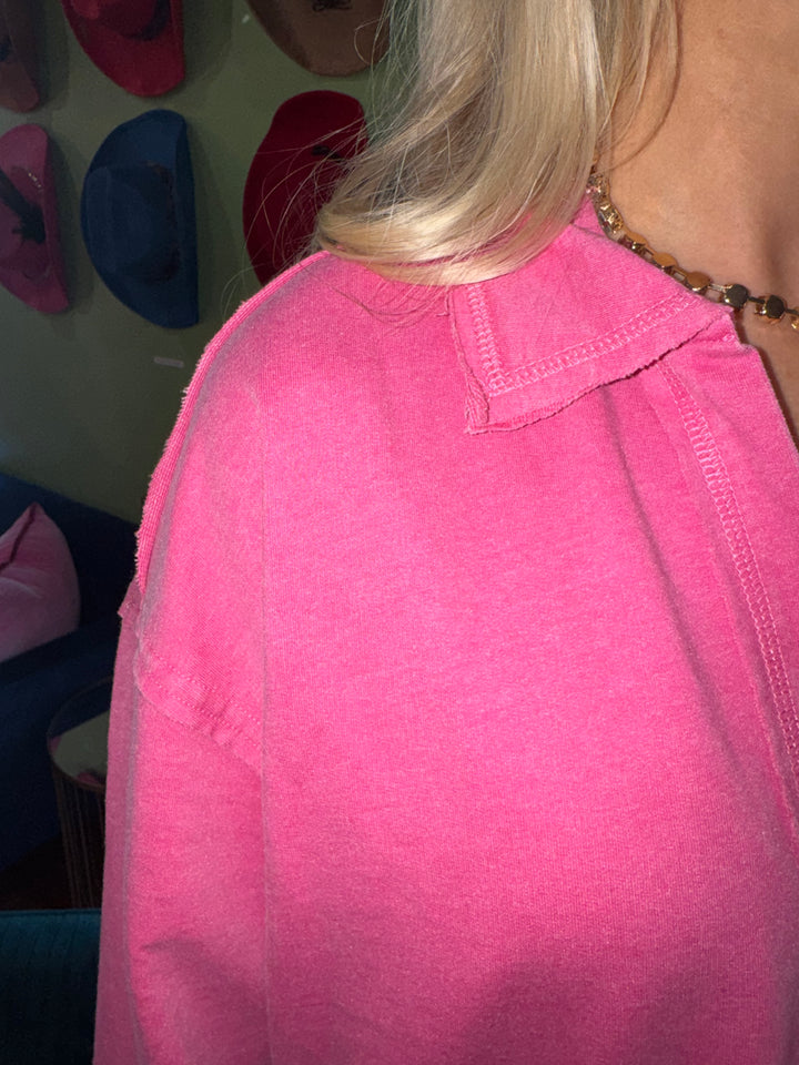 Kara Pink Collared Split Neck Top