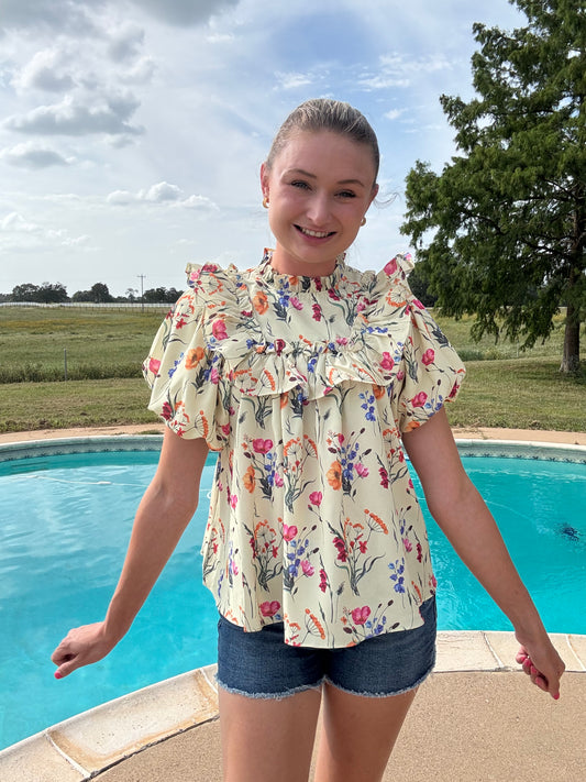 Floral cream shirt bubble sleeve top 