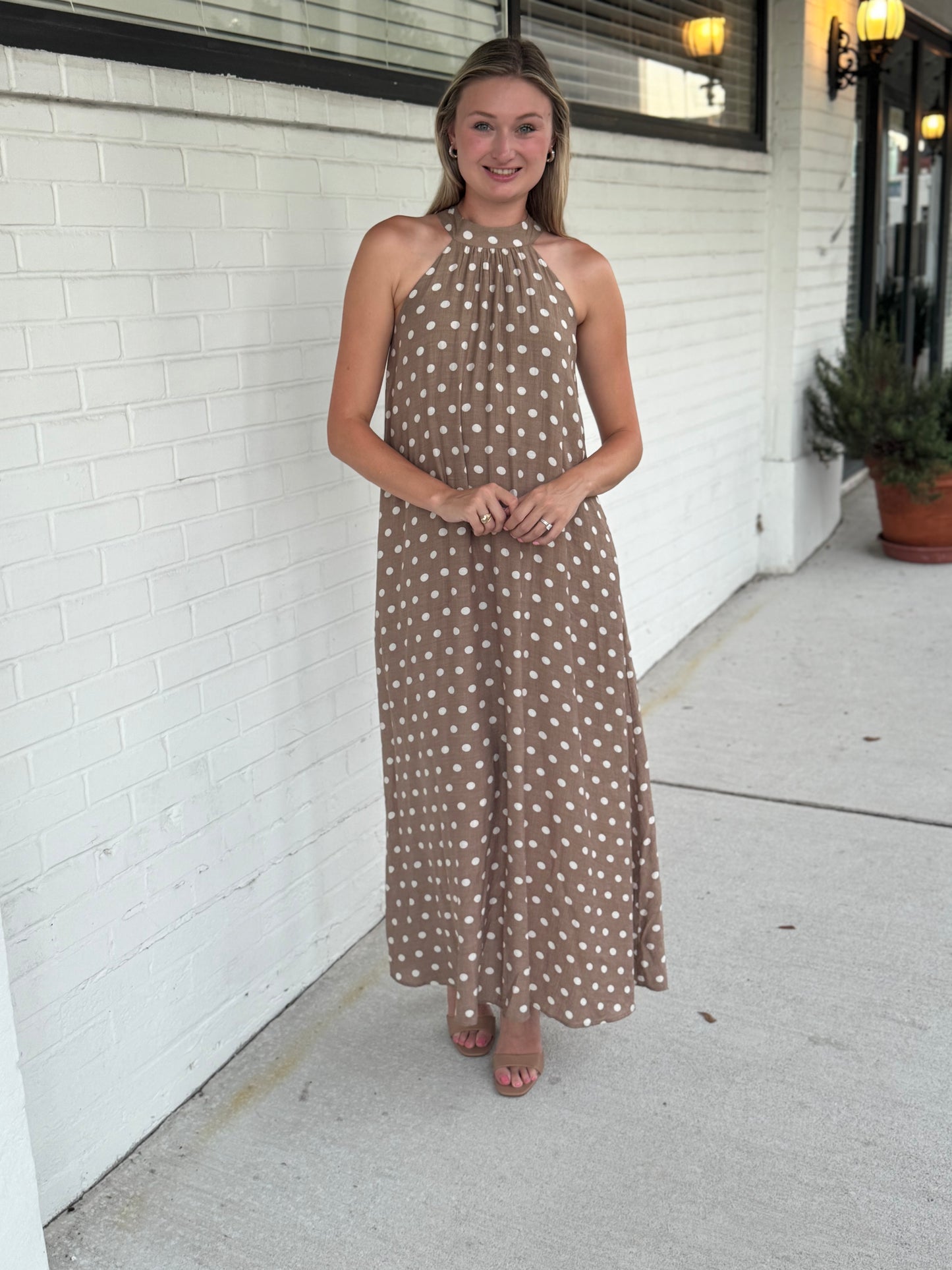 Ava High Neck Tan Maxi Dress