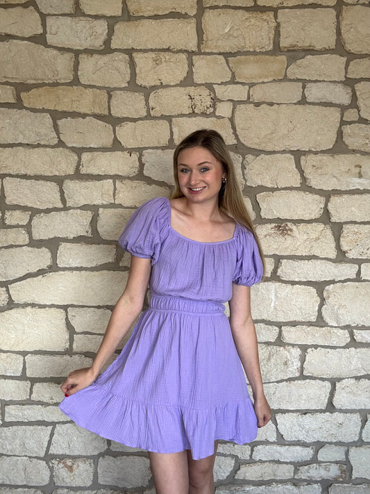 Square neck purple gauze mini dress