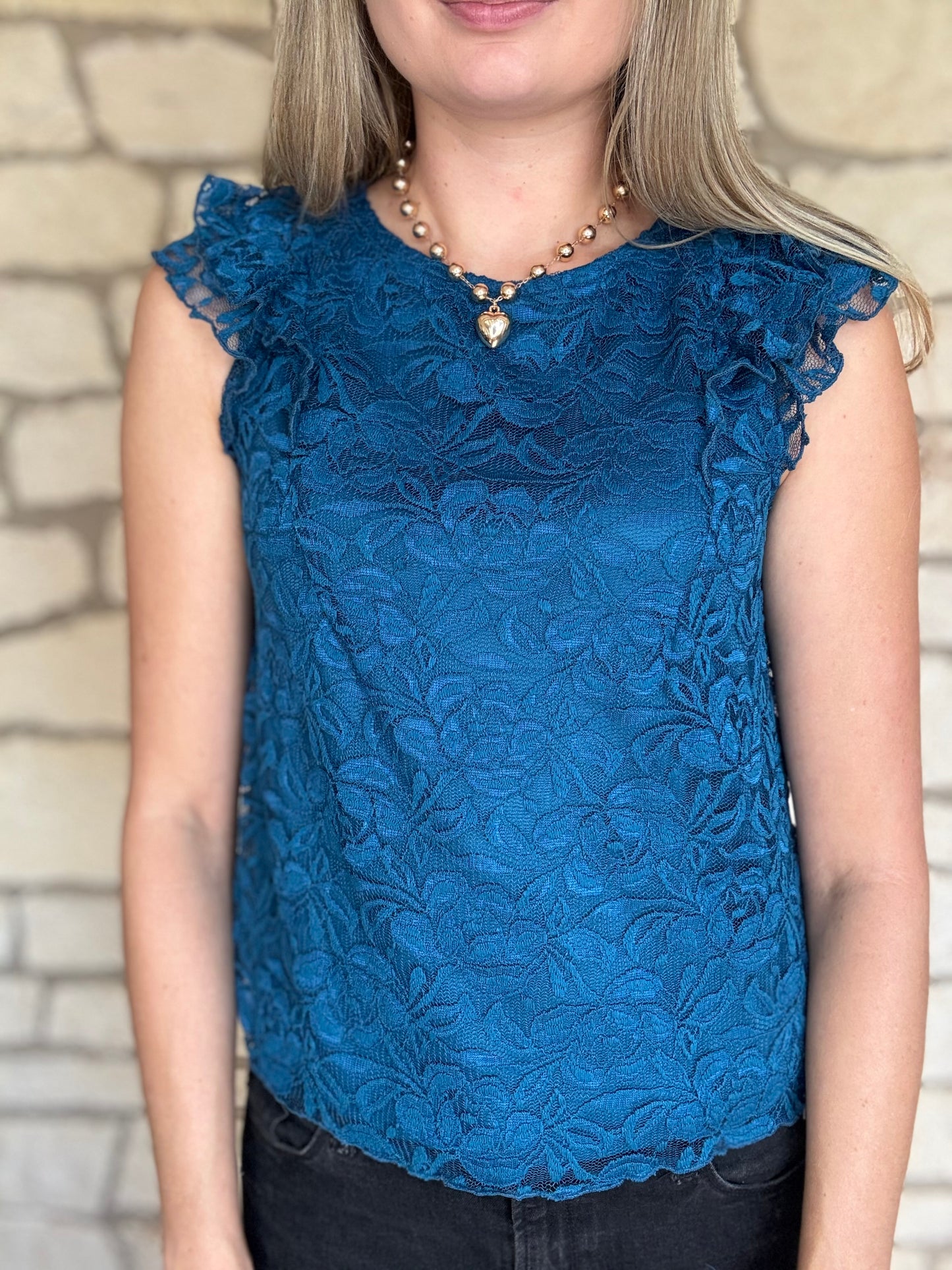 Alyssa Blue Lace Flutter Sleeve Top