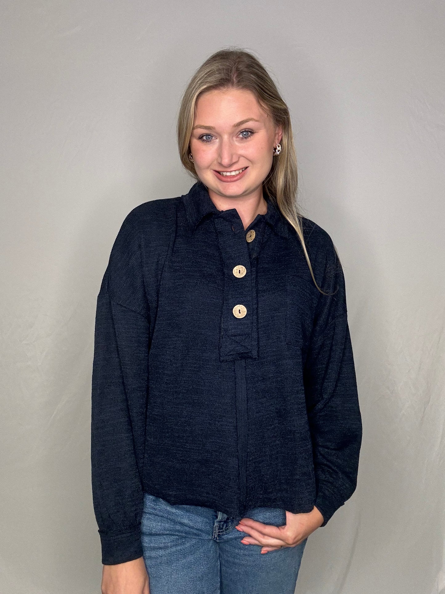 Button Me Up Sweater- Navy