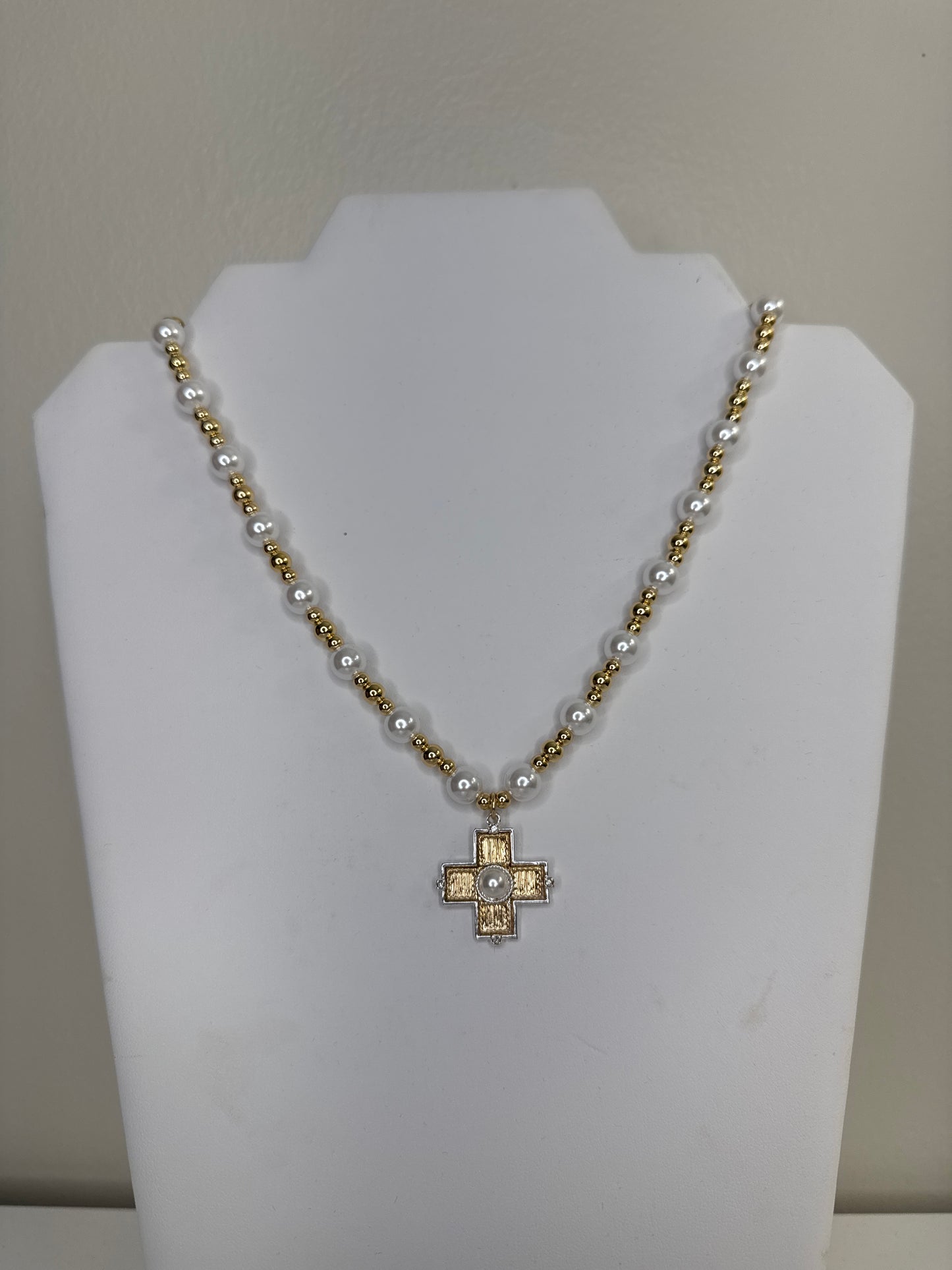 Beaded Pearl and Cross Necklace