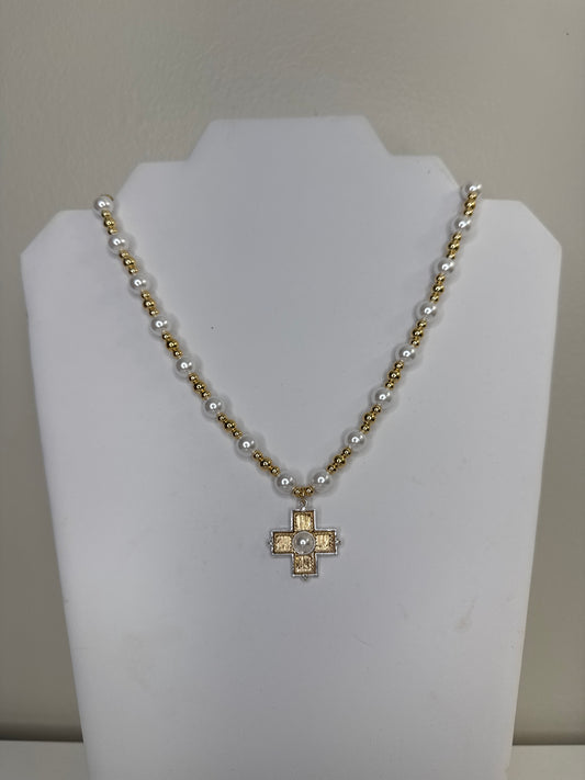 Beaded Pearl and Cross Necklace