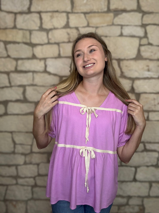 Purple short sleeve bow top 