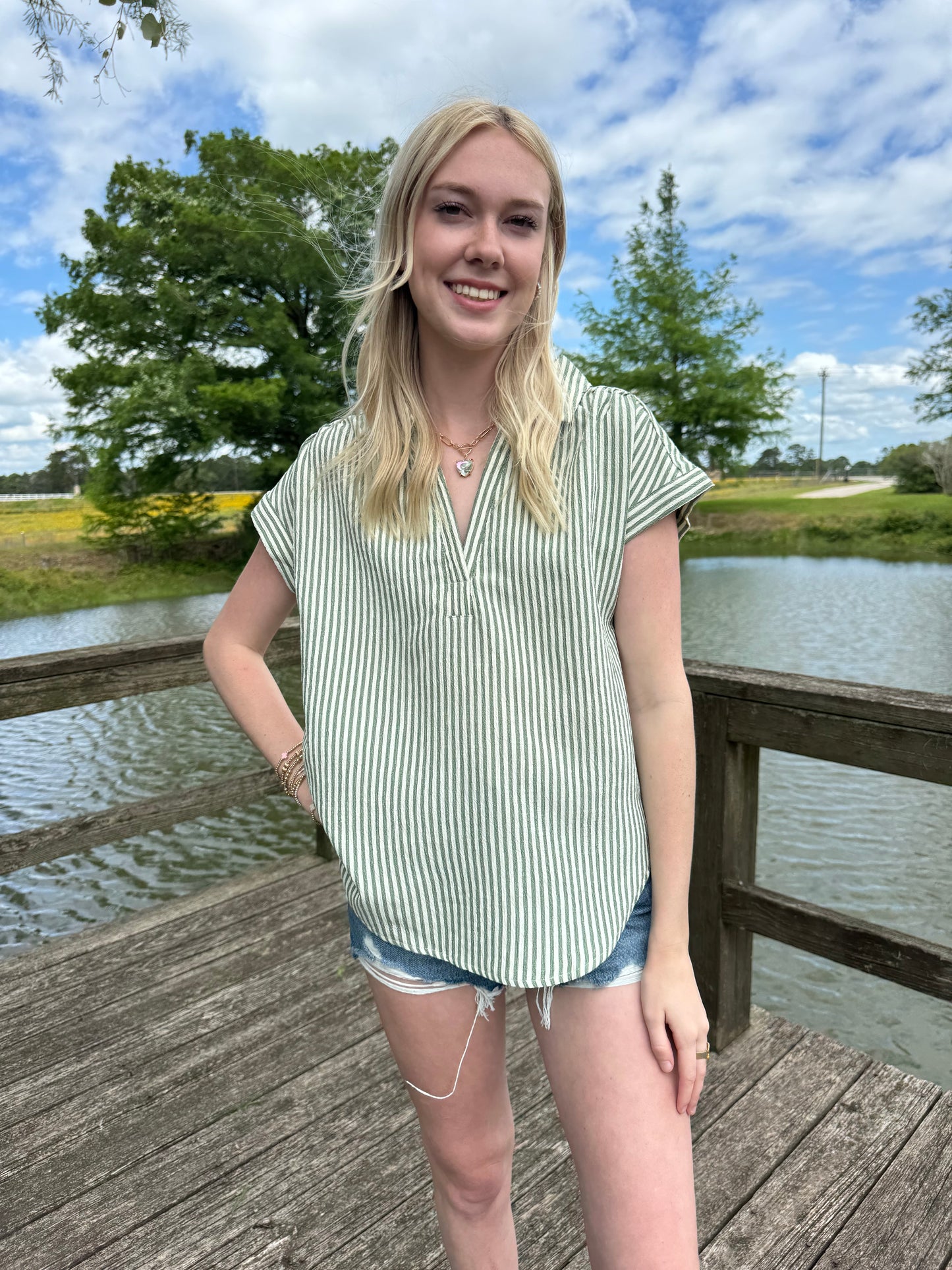 Tyra V Neck Green Collar Top