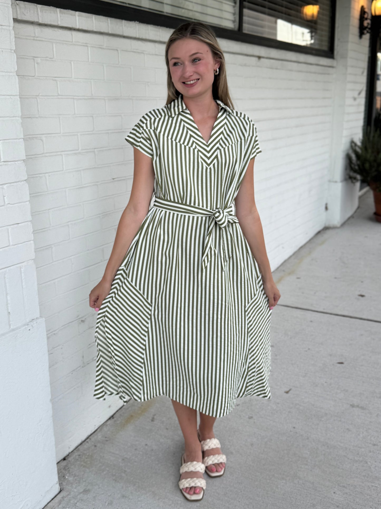Meadow Midi Green Stripe Dress