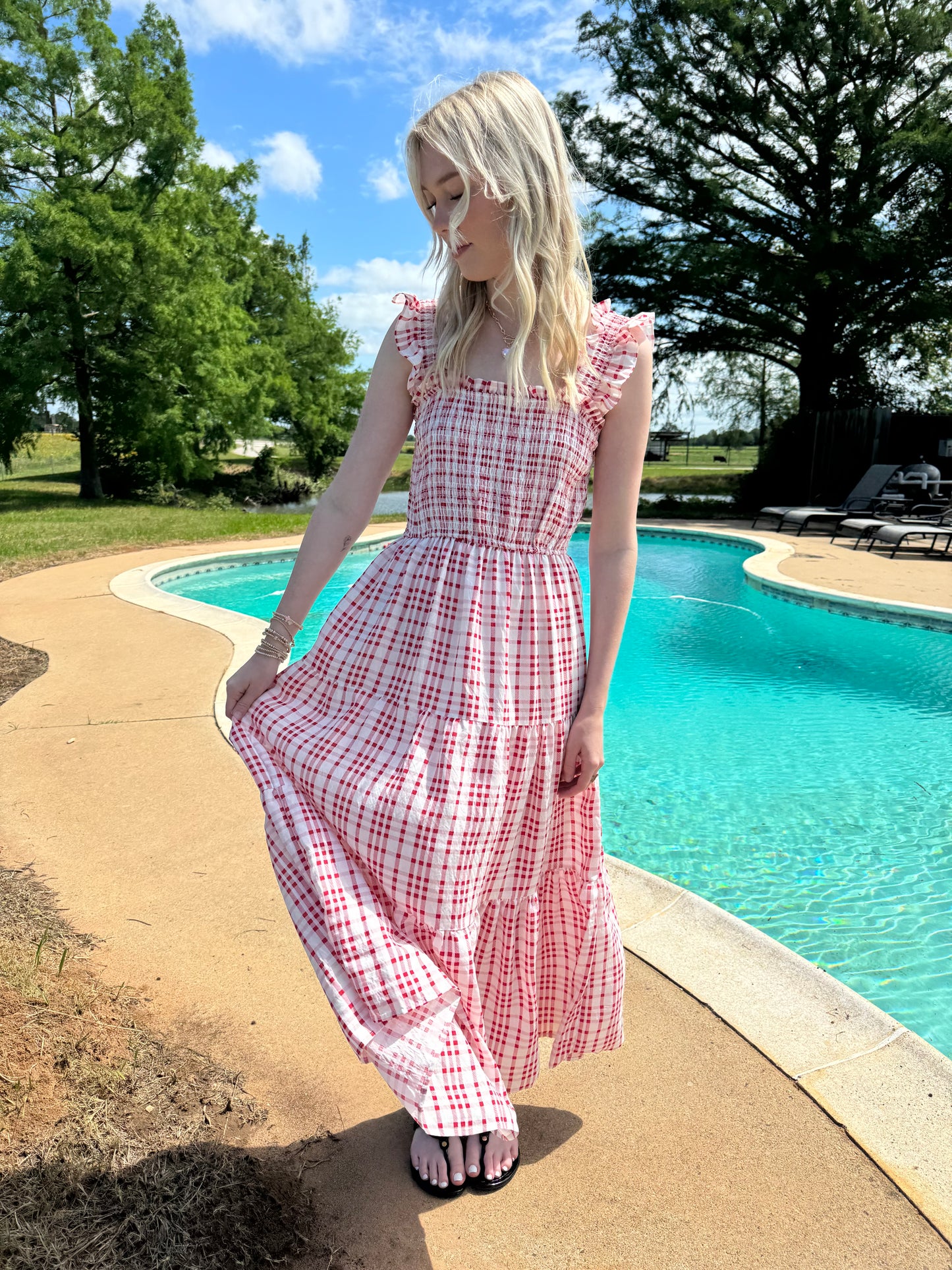 Firework Midi Red Smocked Dress