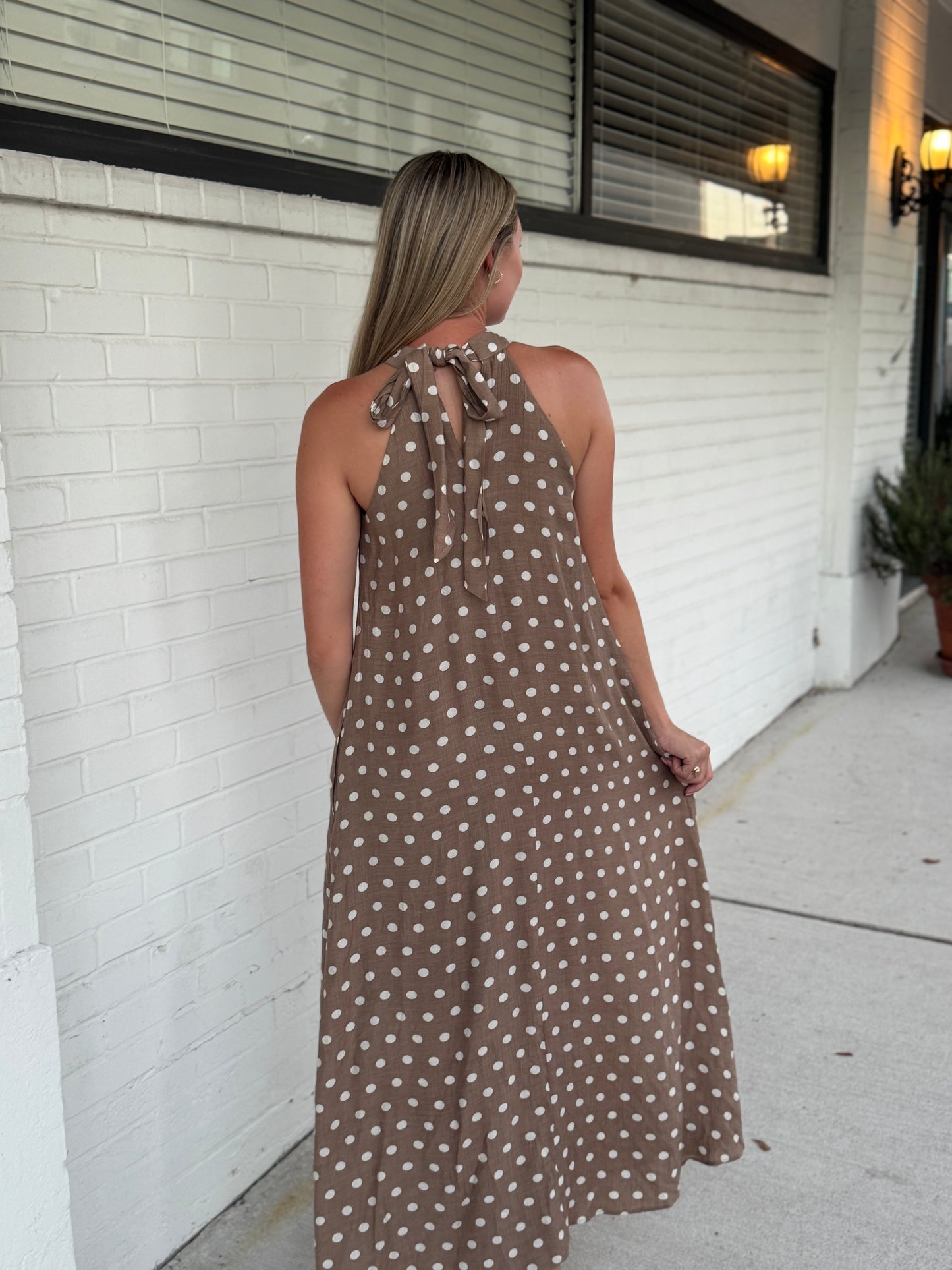 Ava High Neck Tan Maxi Dress