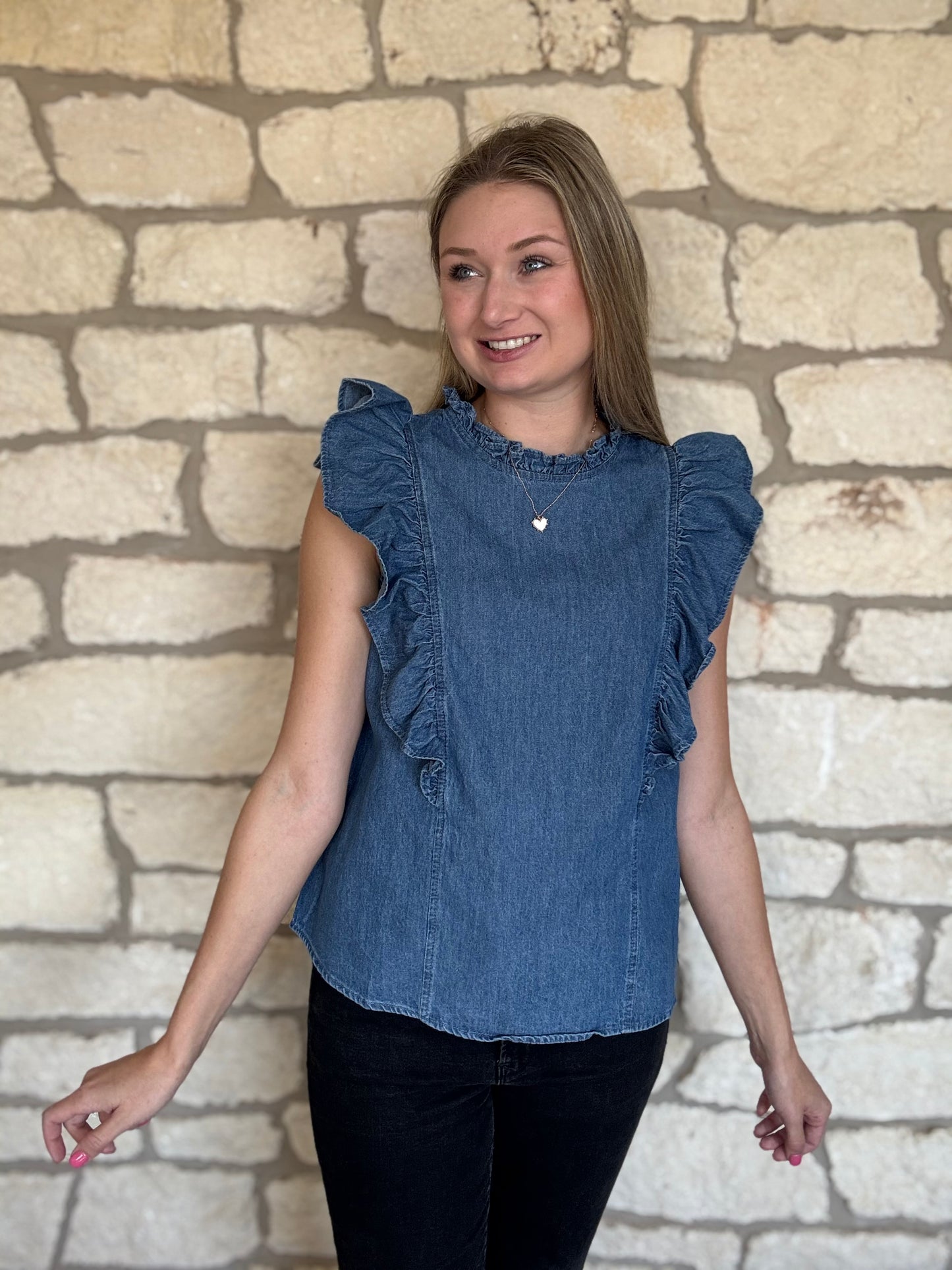 KeeKee Denim Flutter Sleeve Top
