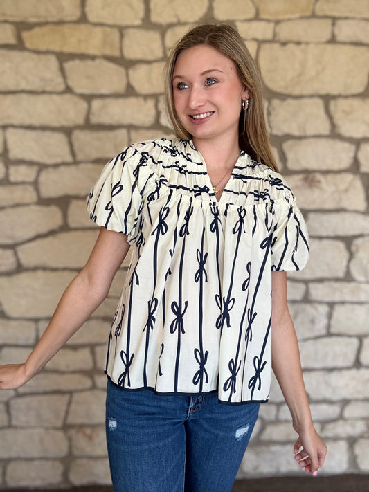 White and Navy Bow Top