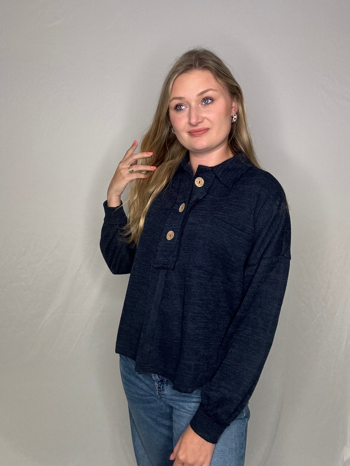 Button Me Up Sweater- Navy