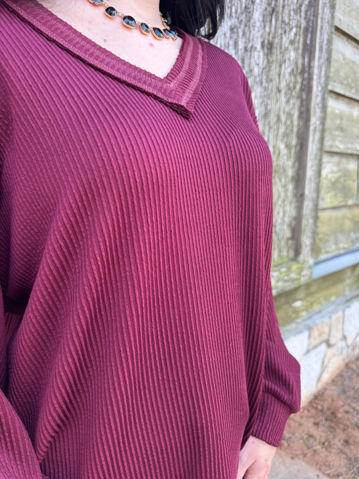 Kelsey Maroon Ribbed Long Sleeve Top