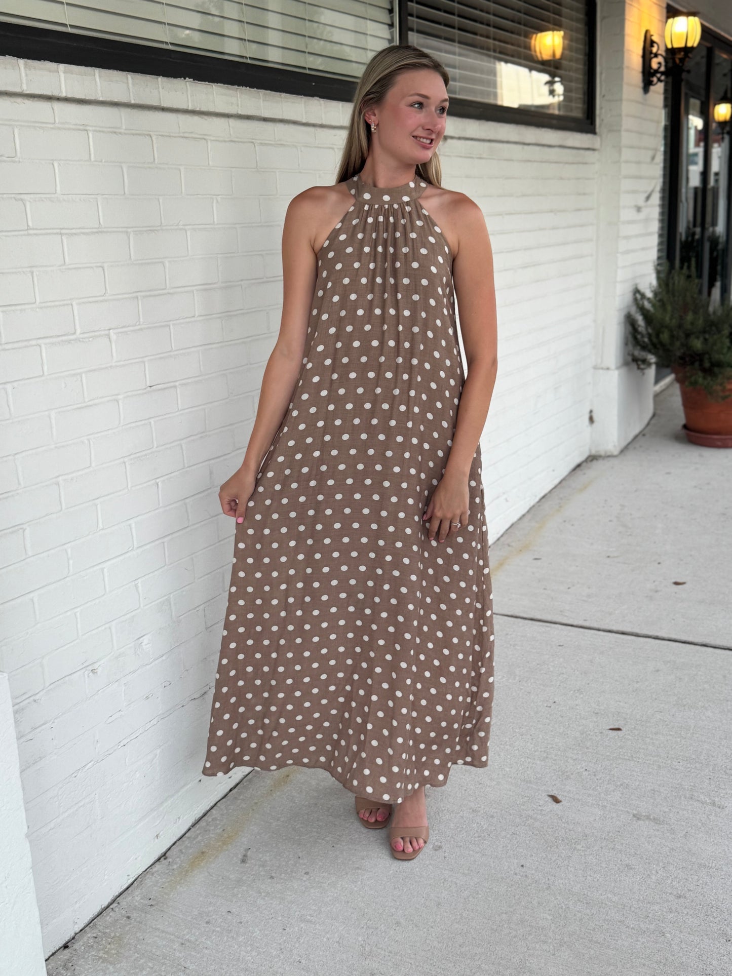Ava High Neck Tan Maxi Dress