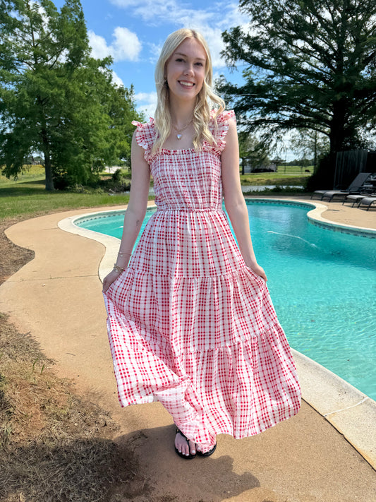 Firework Midi Red Smocked Dress