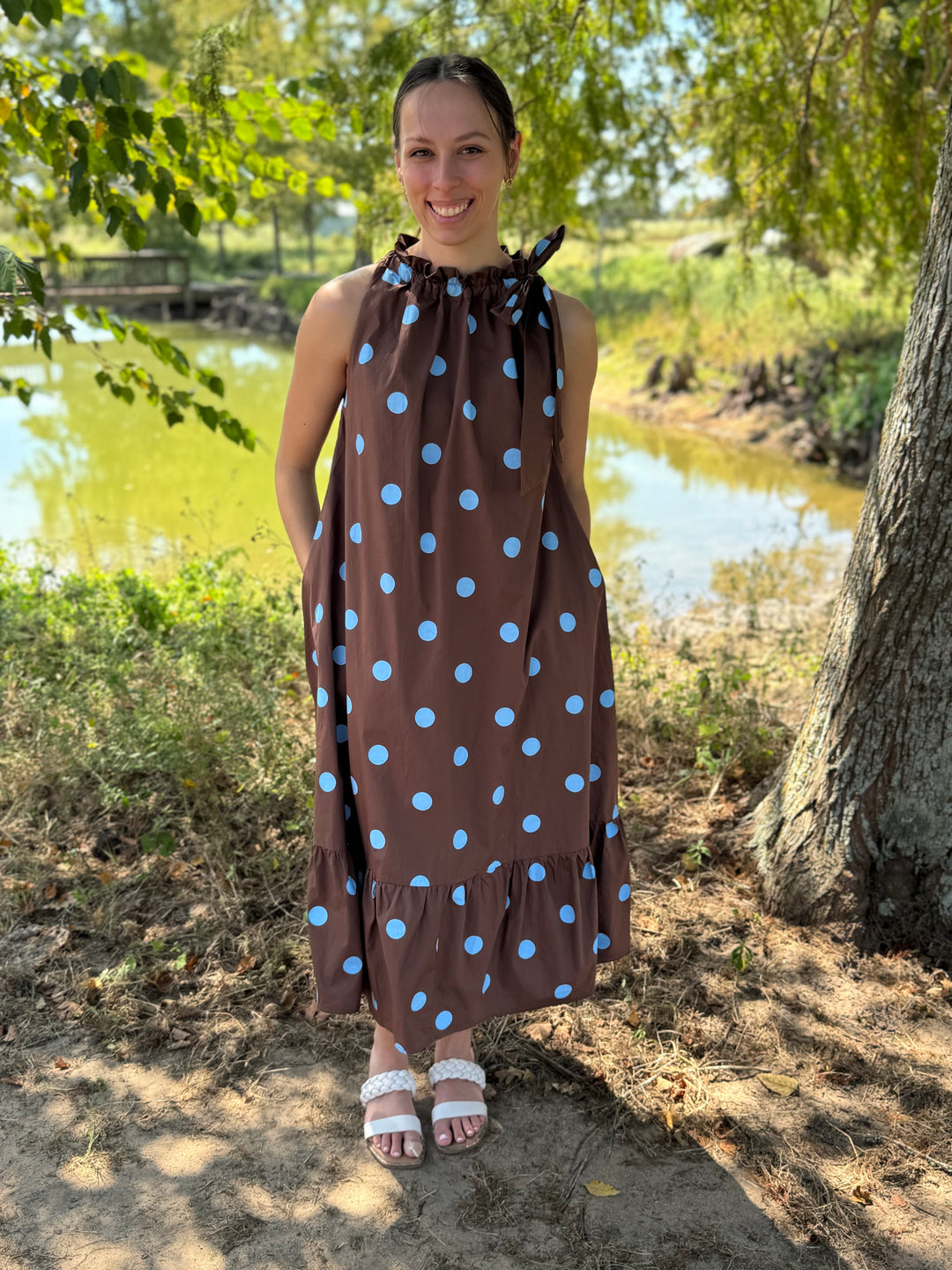 Dana Brown Tie Polka Dot Dress