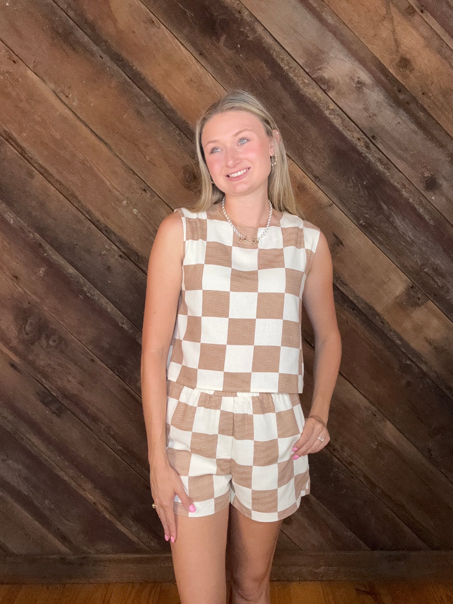 Rosa Taupe Checkered Short Set