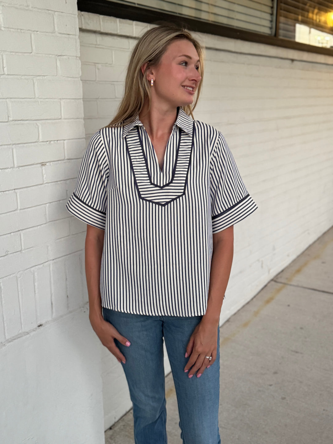 Lainey Blue Collared Stripe Top