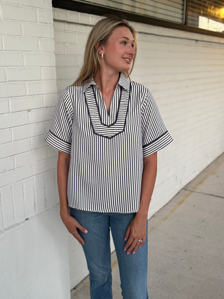 Lainey Blue Collared Stripe Top