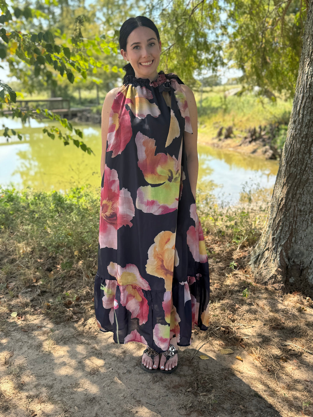 Eva Navy Tie Neck Floral Dress
