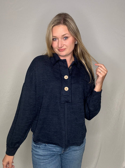 Button Me Up Sweater- Navy