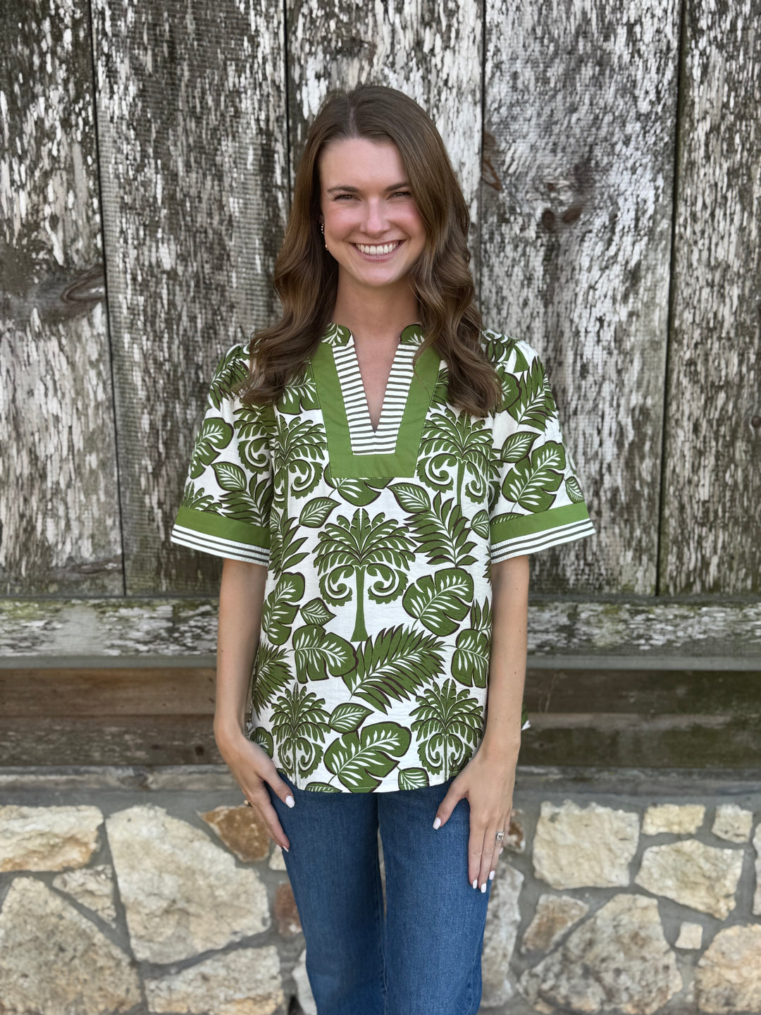 Cara Green Leaf Pattern Top